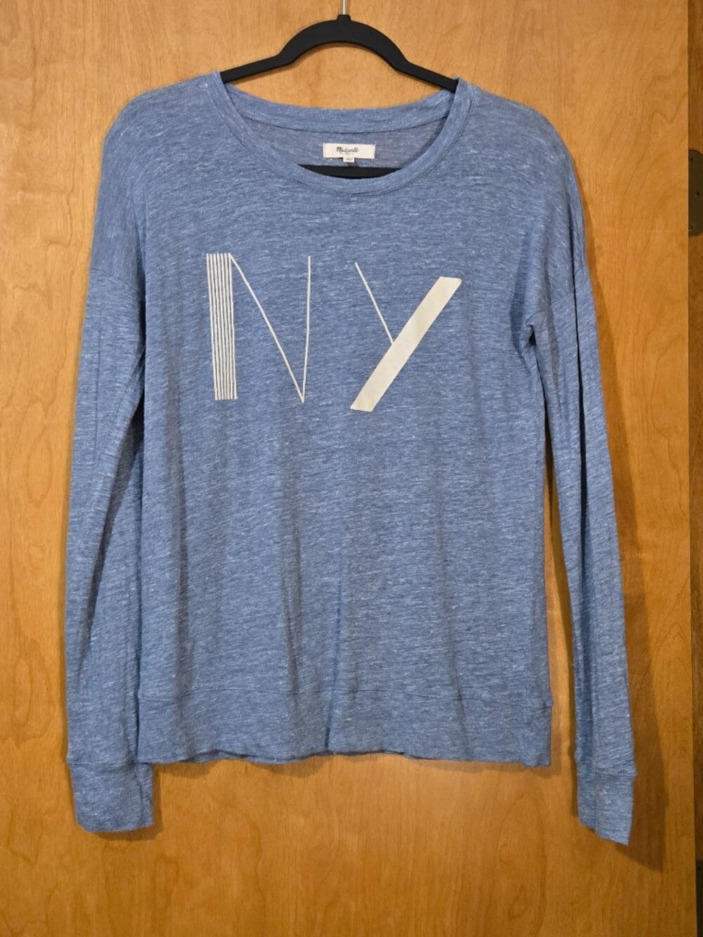 Madewell Womens NY Graphic Tee Size Small 100% Linen Blue Crew Neck Casual Chic